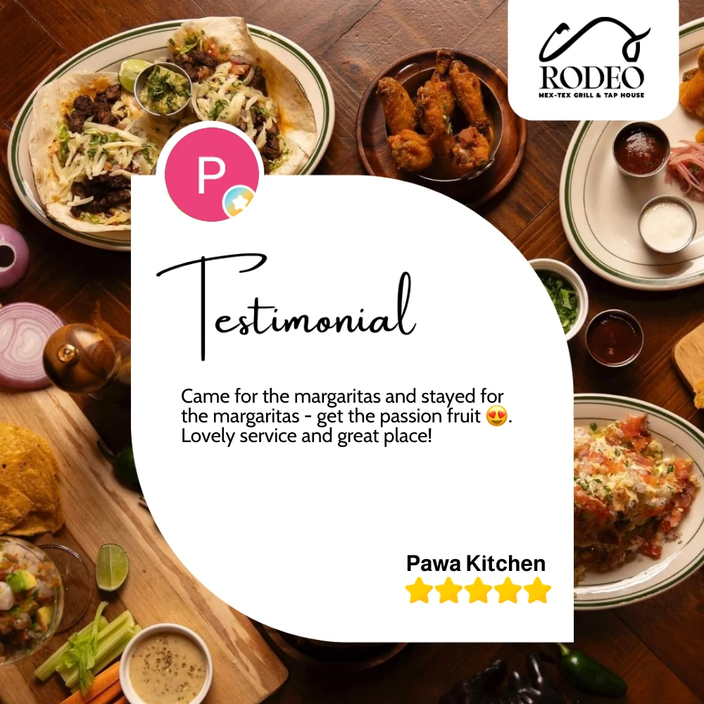 Pawa Kitchen’s five-star review card, framed by Rodeo food photography